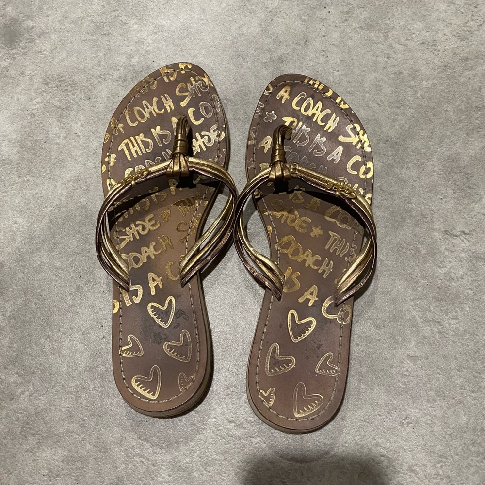 Coach Brown and Gold Heart Molly Flip Flops sz 7